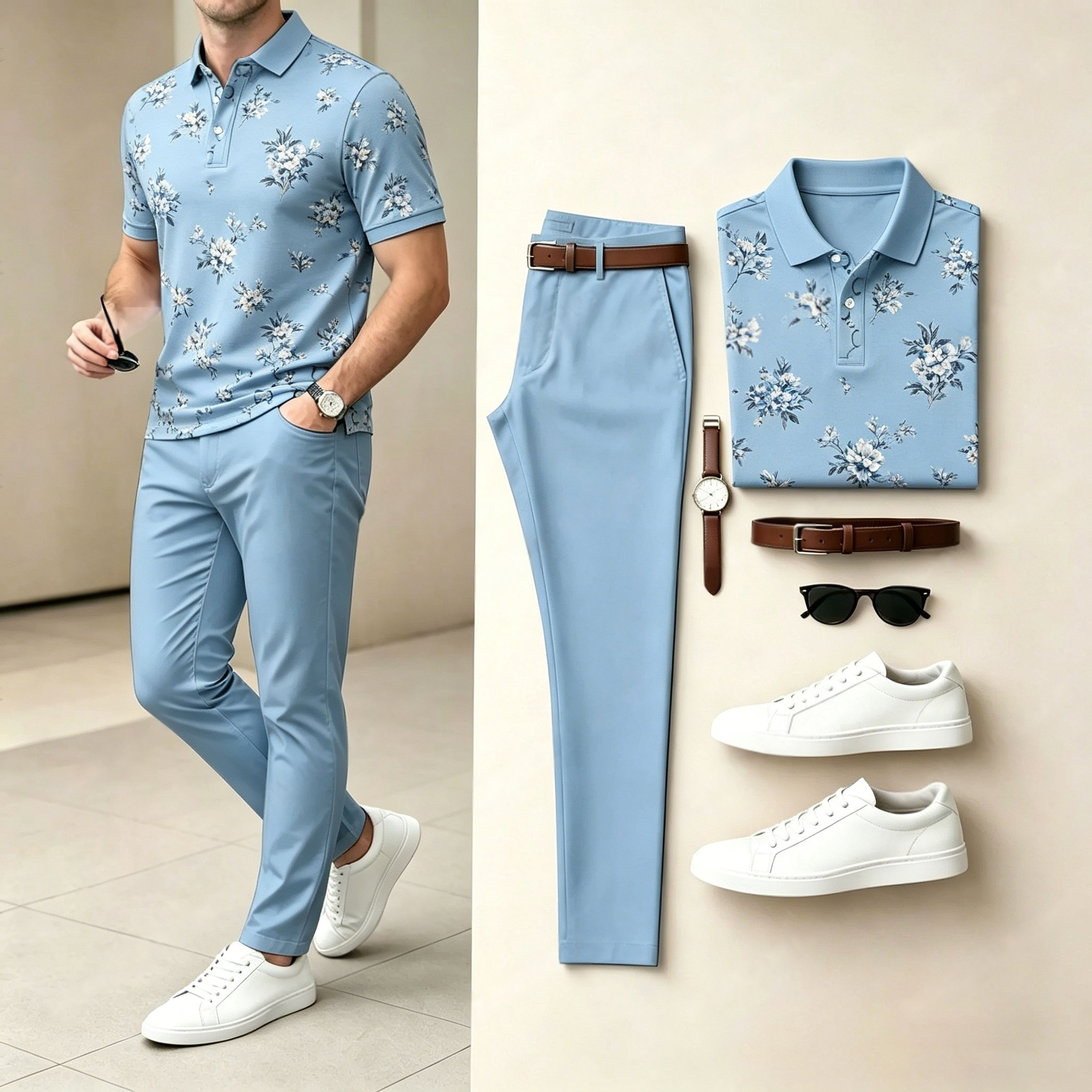 Conjunto de dos piezas casual floral estampado camisa polo and pantalón para hombre