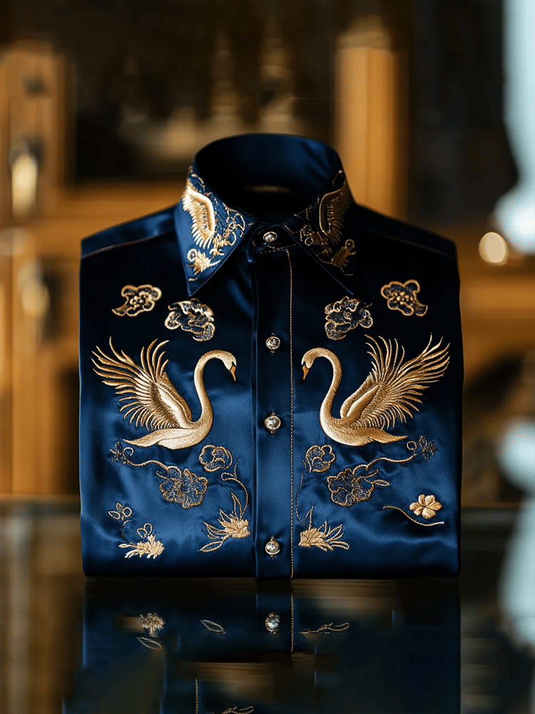 Camisa de lujo vintage Contrast Swan de manga larga para hombre
