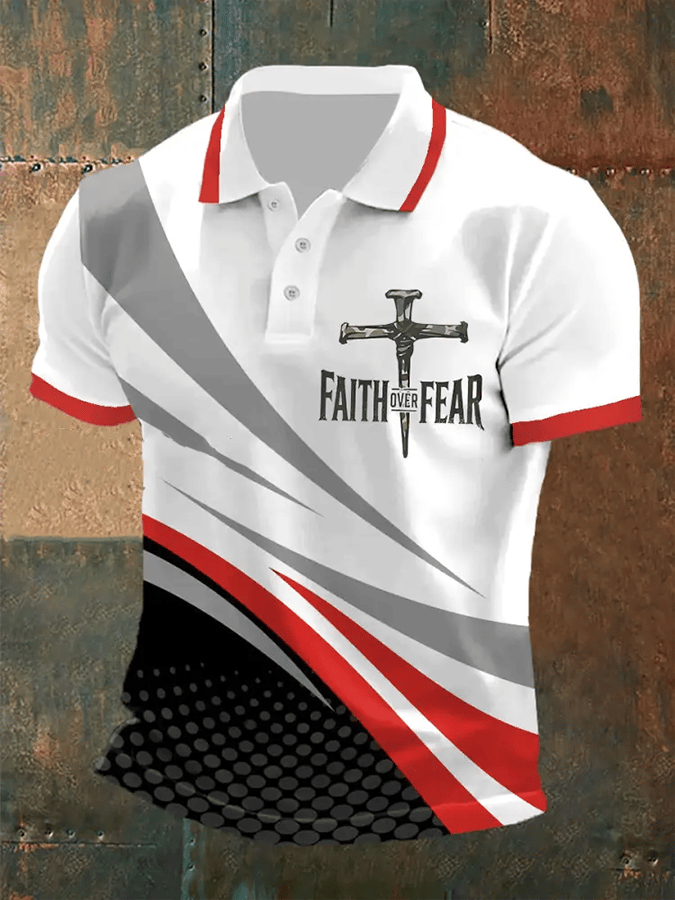 Camisa polo retro Faith “Faith Over Fear�? casual estampado para hombre