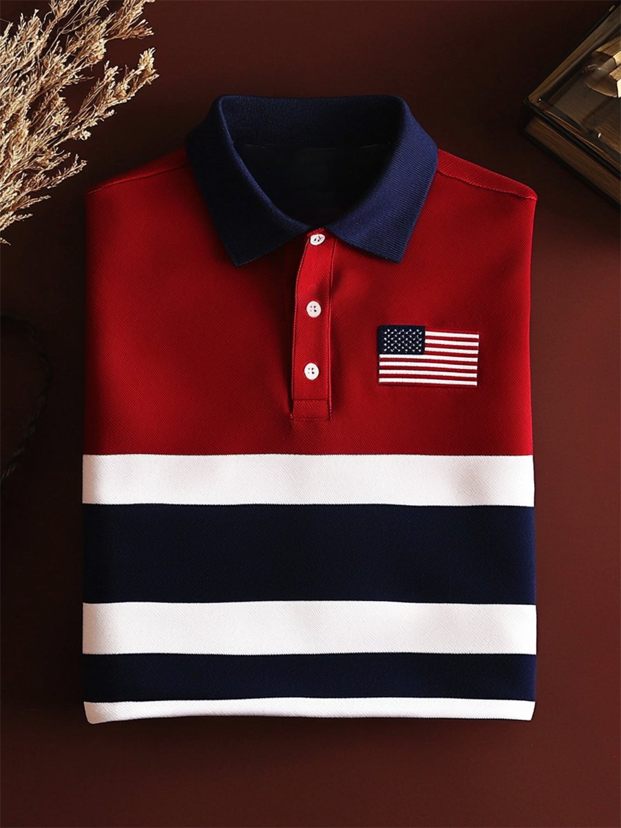 Camisa polo ejecutivo casual Independence Day a rayas Button de manga corta para hombre