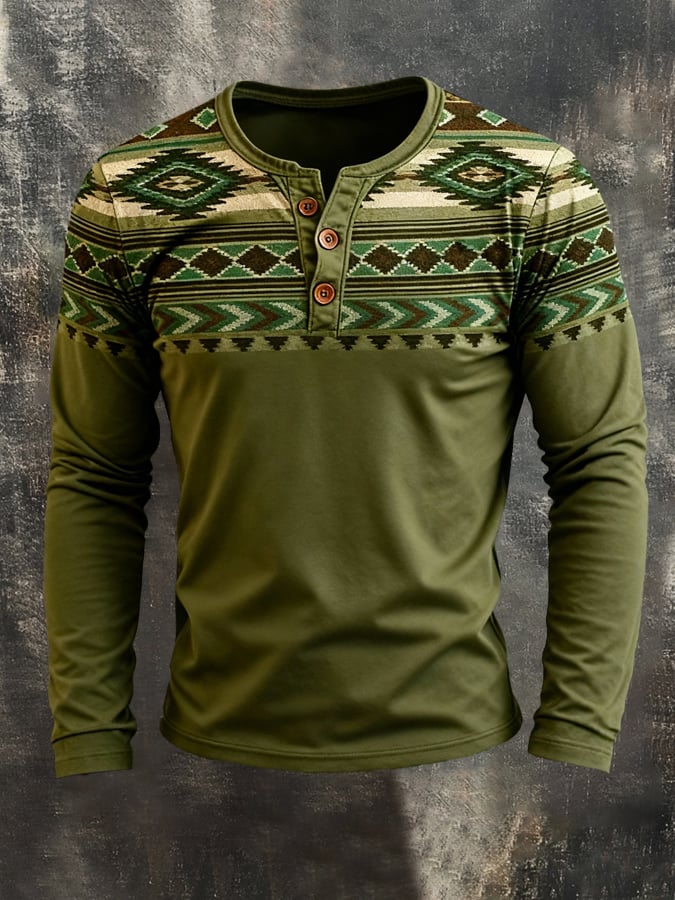 Camiseta retro Stitching Contrast Color Henley cuello de manga larga para hombre