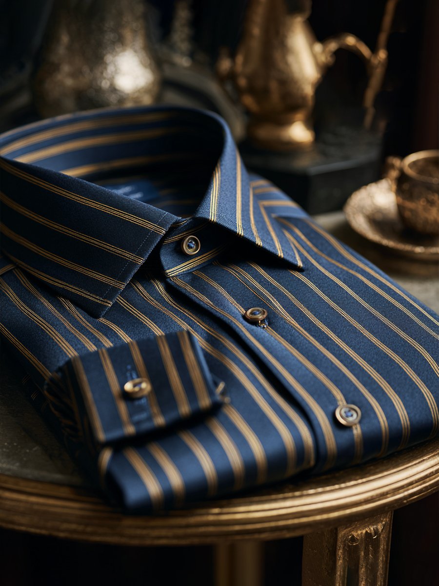 Camisa satén Luxe rayas de manga larga con botones para hombre
