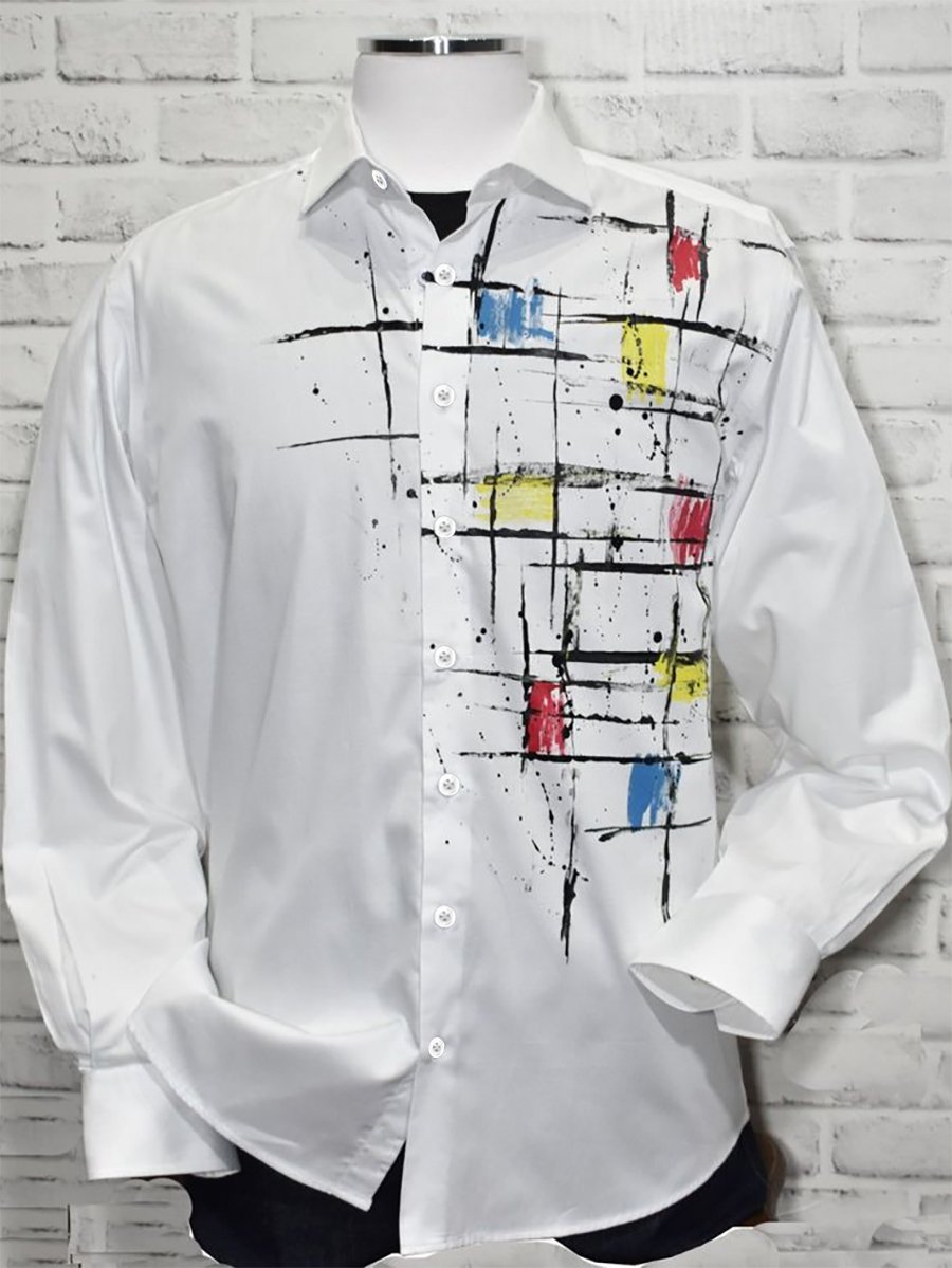 Camisa retro casual geométrico Art de manga larga para hombre