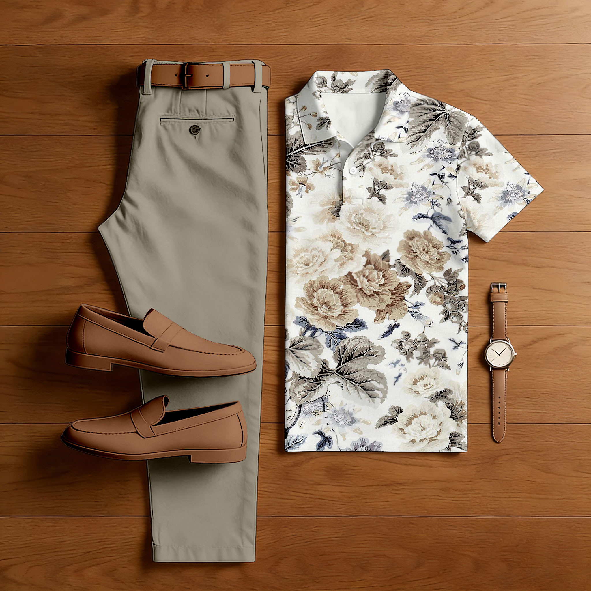 Conjunto de dos piezas casual White Roses estampado camisa polo And pantalón para hombre