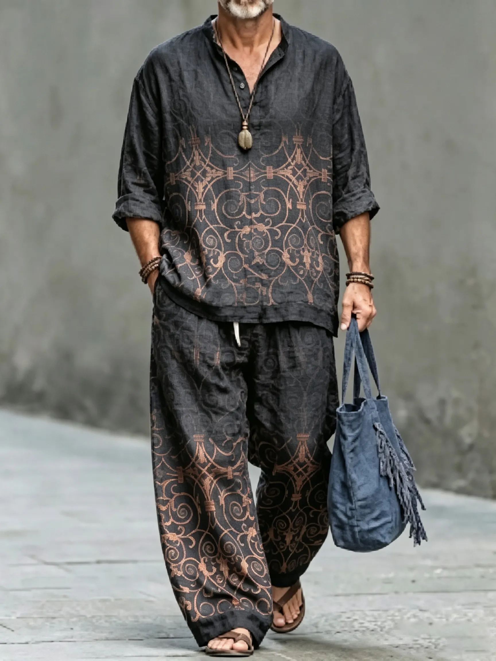 para hombre vintage Abstract Art estampado de algodón camisa Set (Top & pantalón)