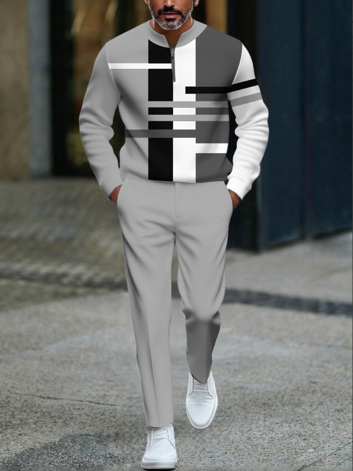 Conjunto de dos piezas casual Gray & White Color Matching geométrico estampado Round-Neck cierre de manga larga Tops & Trousers para hombre