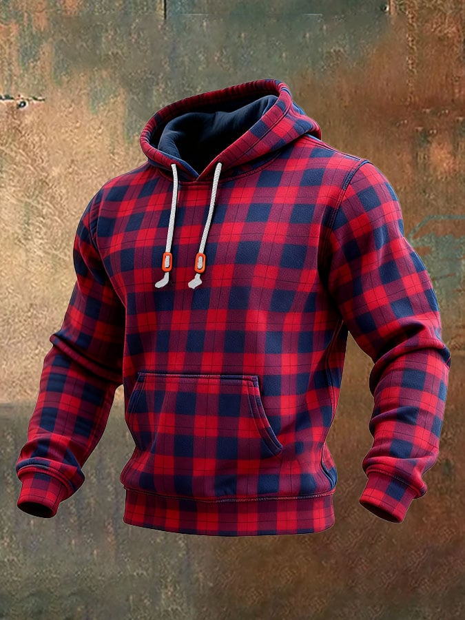 Sudadera casual retro a cuadros estampado de manga larga Hooded para hombre