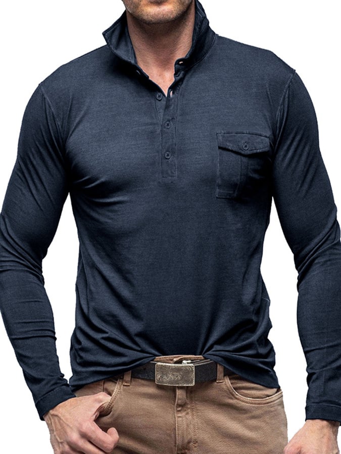 Camisa polo de color sólido de manga larga bolsillo para hombre