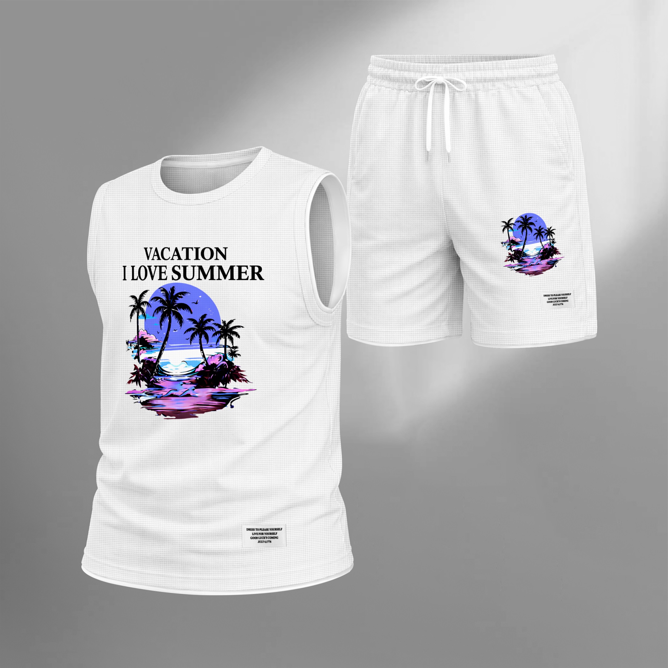 Shorts Tropical Beach Graphic estampado Summer Set Sleeveless Tank Top & Matching Outfit, Vacation Island estampado Lightweight casual Streetwear Set for Everyday & Holiday para hombre