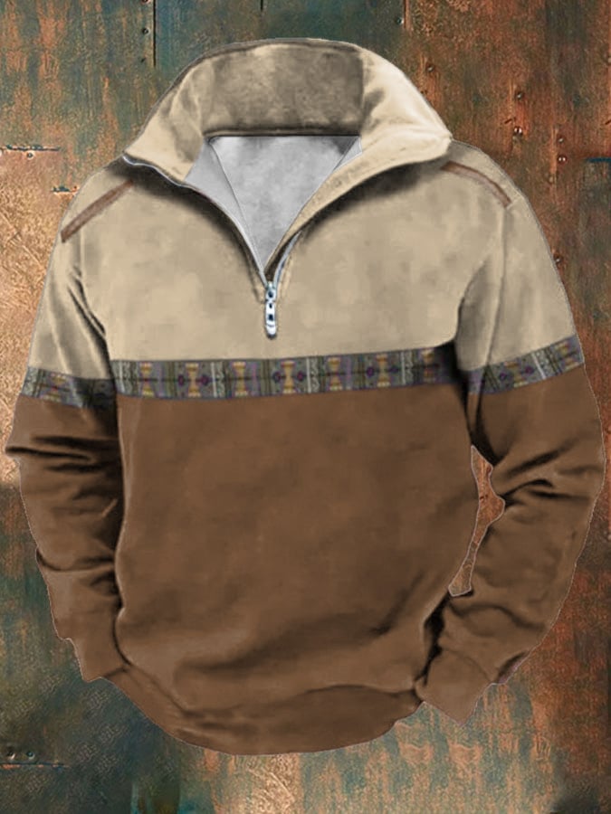 Sudadera retro Western estampado solapa de manga larga para hombre