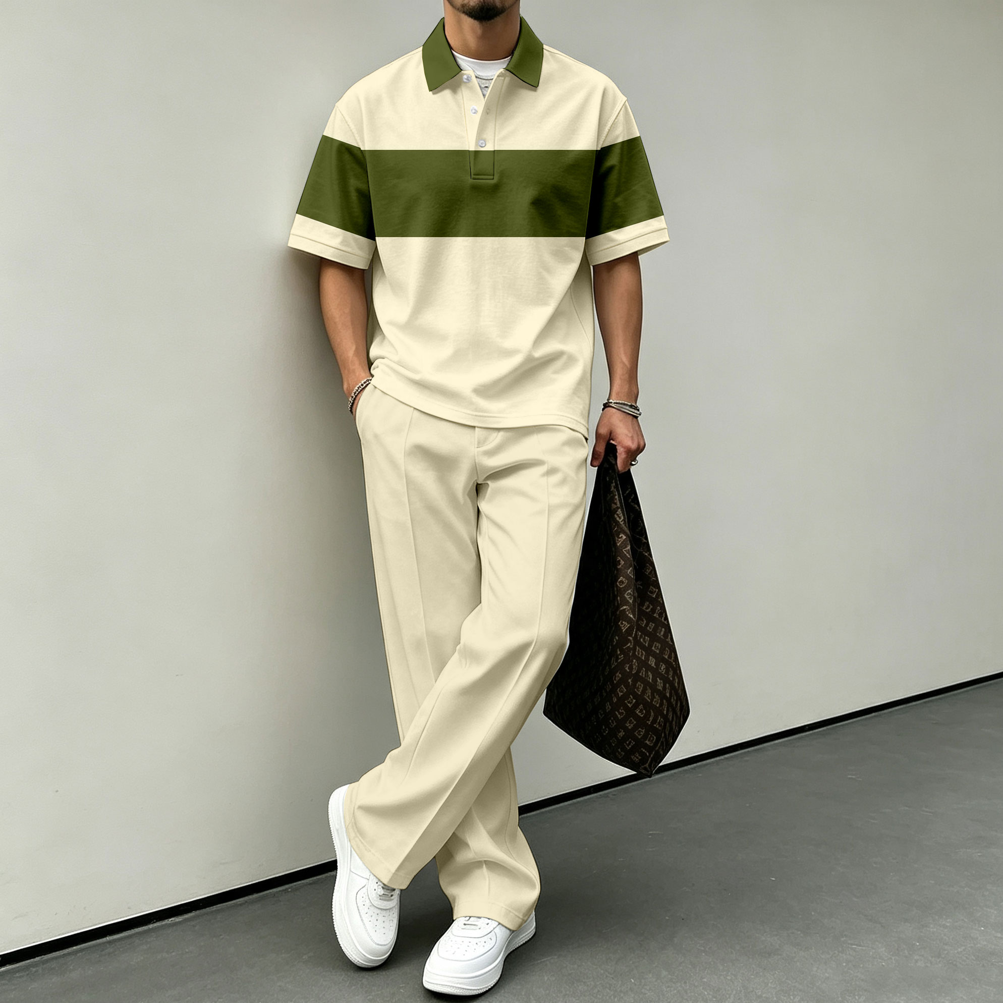 para hombre Color-Blocked de manga corta camisa polo and pantalón Set
