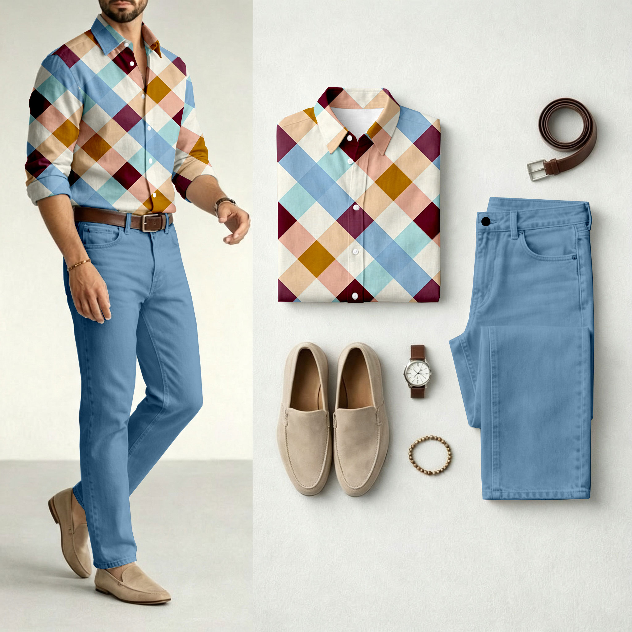 para hombre Color-Blocked Checkered de manga larga camisa and Jeans Set