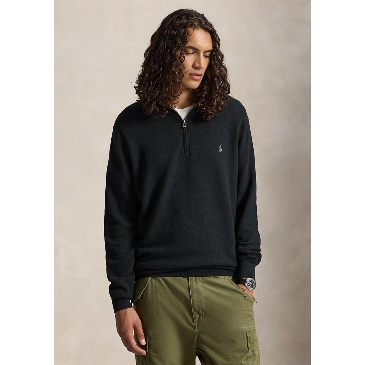Big & Tall Mesh-Knit Cotton Quarter-Zip Sweater - 1