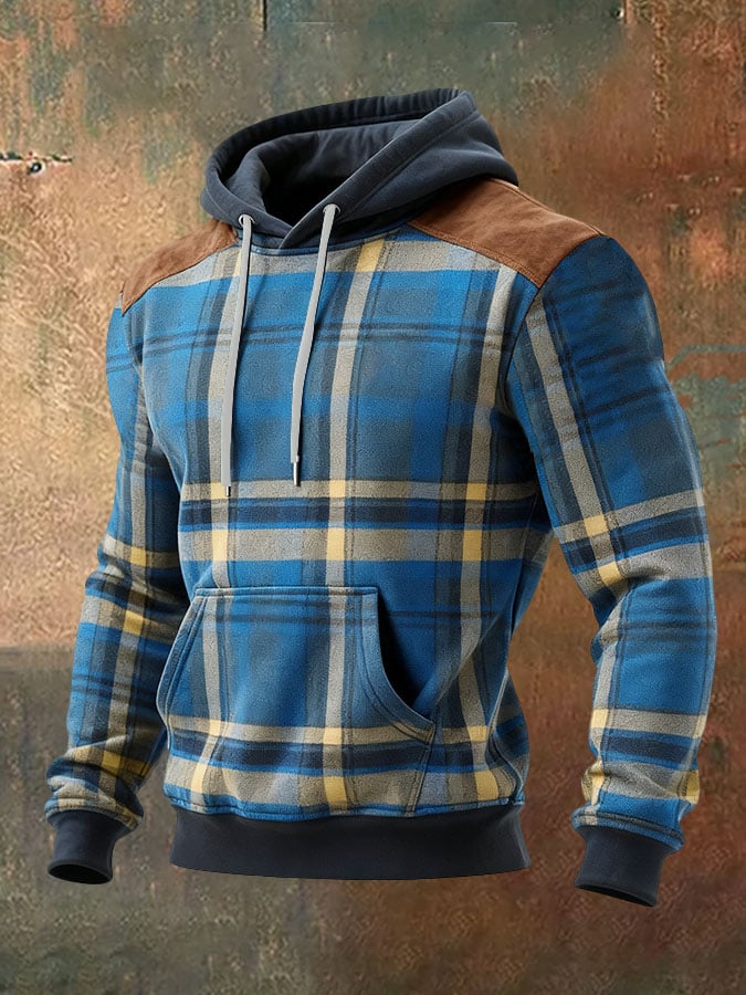Sudadera casual retro a cuadros estampado de manga larga Hooded para hombre
