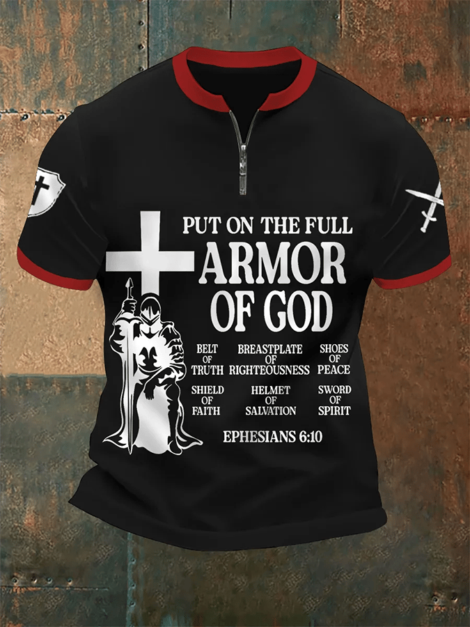 Put On The Full Armor Of God estampado casual Zip Tee para hombre