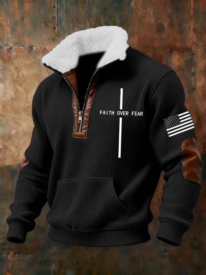 para hombre retro Faith Cross Print Zipper Fur Collar de manga larga Sweacamiseta