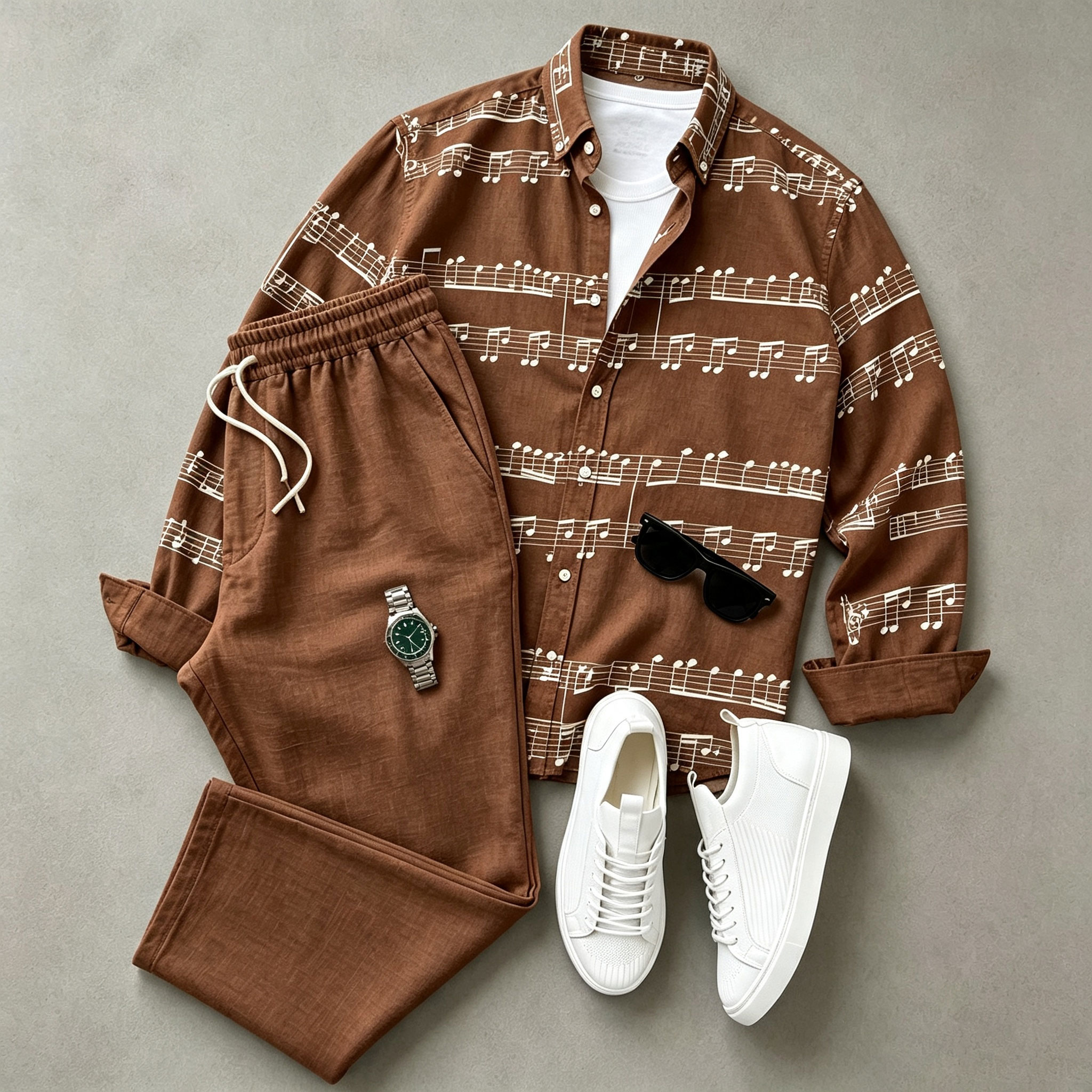 para hombre de manga larga camisa and pantalón Set with Musical Note Print