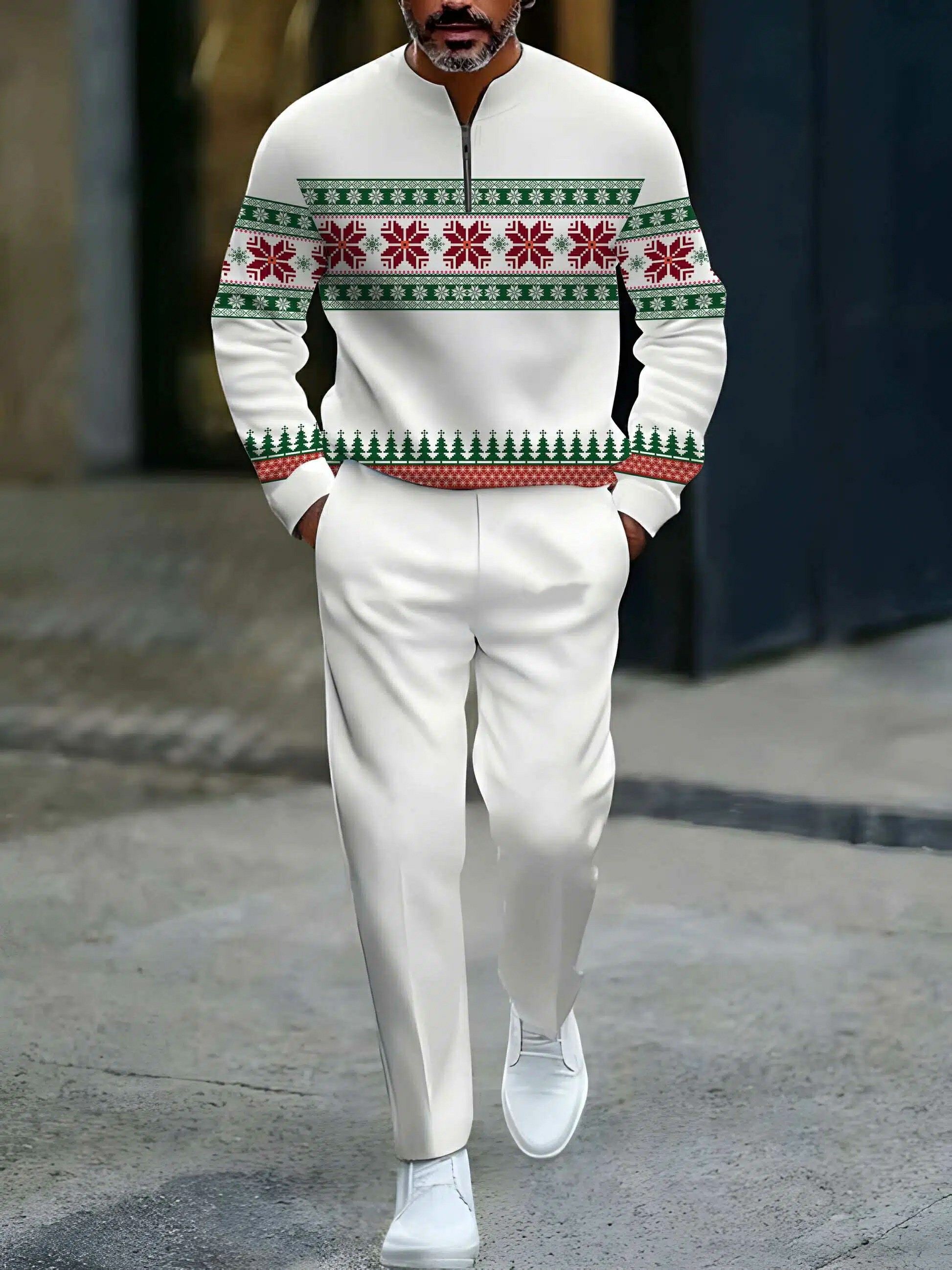 Conjunto de dos piezas casual White & Green & White Color Matching Christmas estampado Round-Neck Zipper de manga larga sudadera & Trousers para hombre