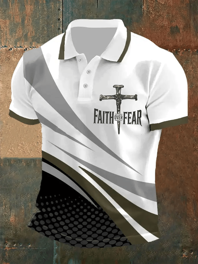 Camisa polo retro Faith “Faith Over Fear�? casual estampado para hombre