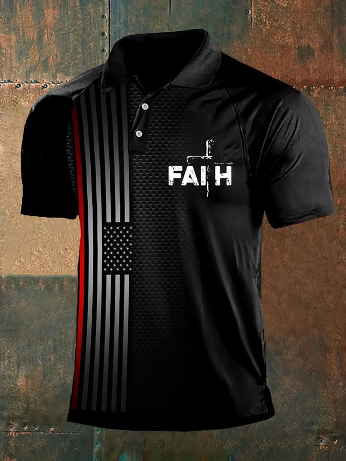 Camisa polo vintage Flag Faith estampado para hombre