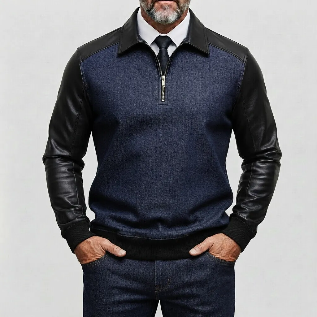 para hombre Denim PU Leather Patchwork de manga larga Half Zip Sweacamiseta