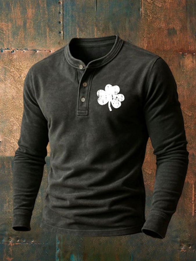 Camisa vintage St. Patrick's Day estampado Henley Neck para hombre