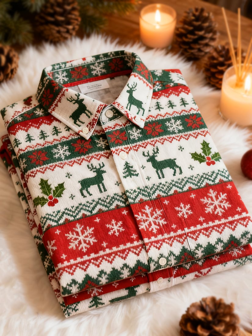 Camisa Christmas de manga larga con botones para hombre