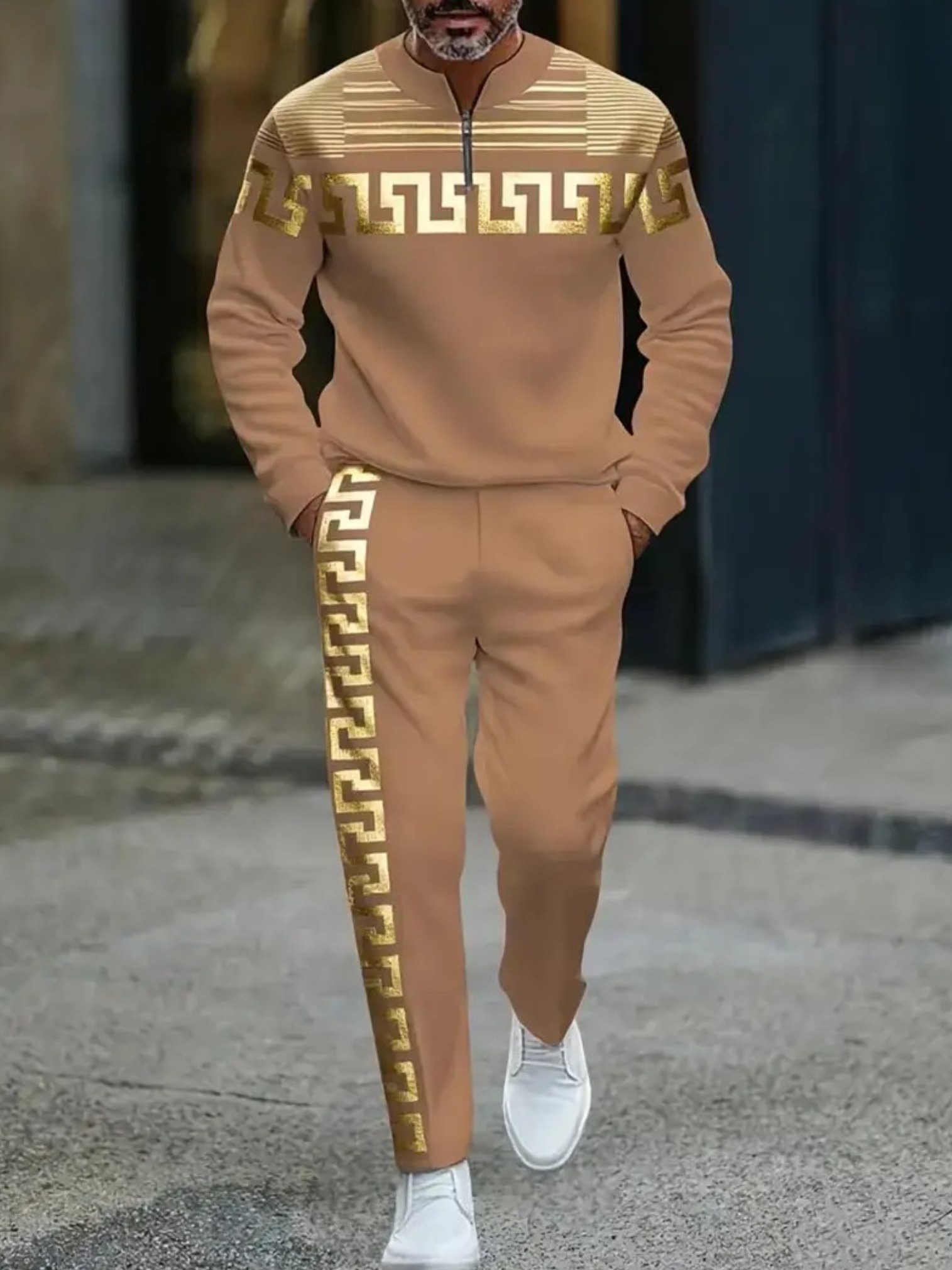 Conjunto de dos piezas casual Orange Pink & Gold Color Matching Baroque Style estampado Round-Neck Zipper de manga larga sudadera & Trousers para hombre