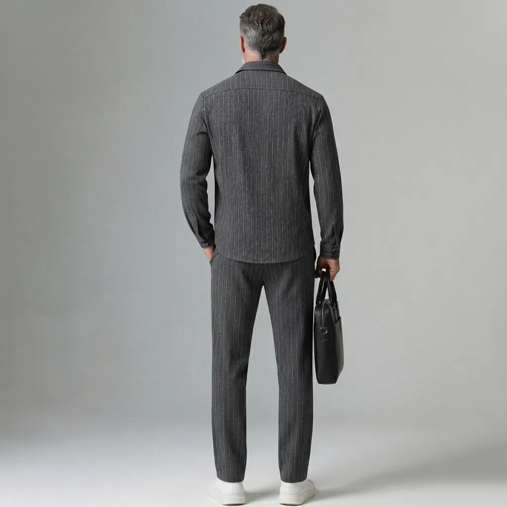 para hombre Dark Gray Pinstripe Print Chest Pocket Button-Up camisa & Suit pantalón 2Pcs Set
