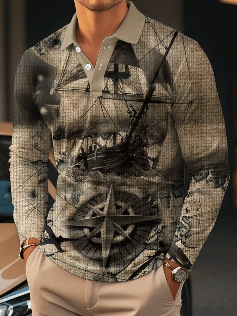 Camisa polo vintage Nautical Chart estampado de manga larga para hombre