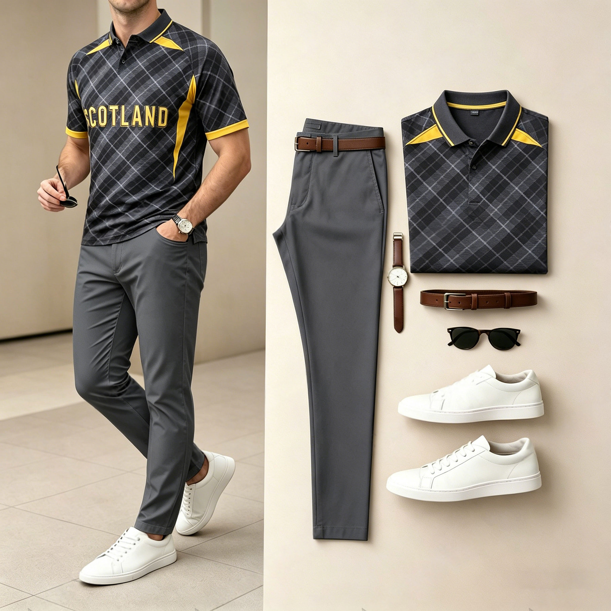 Conjunto de dos piezas casual Dark Gray Letters Sporty estampado camisa polo And pantalón para hombre