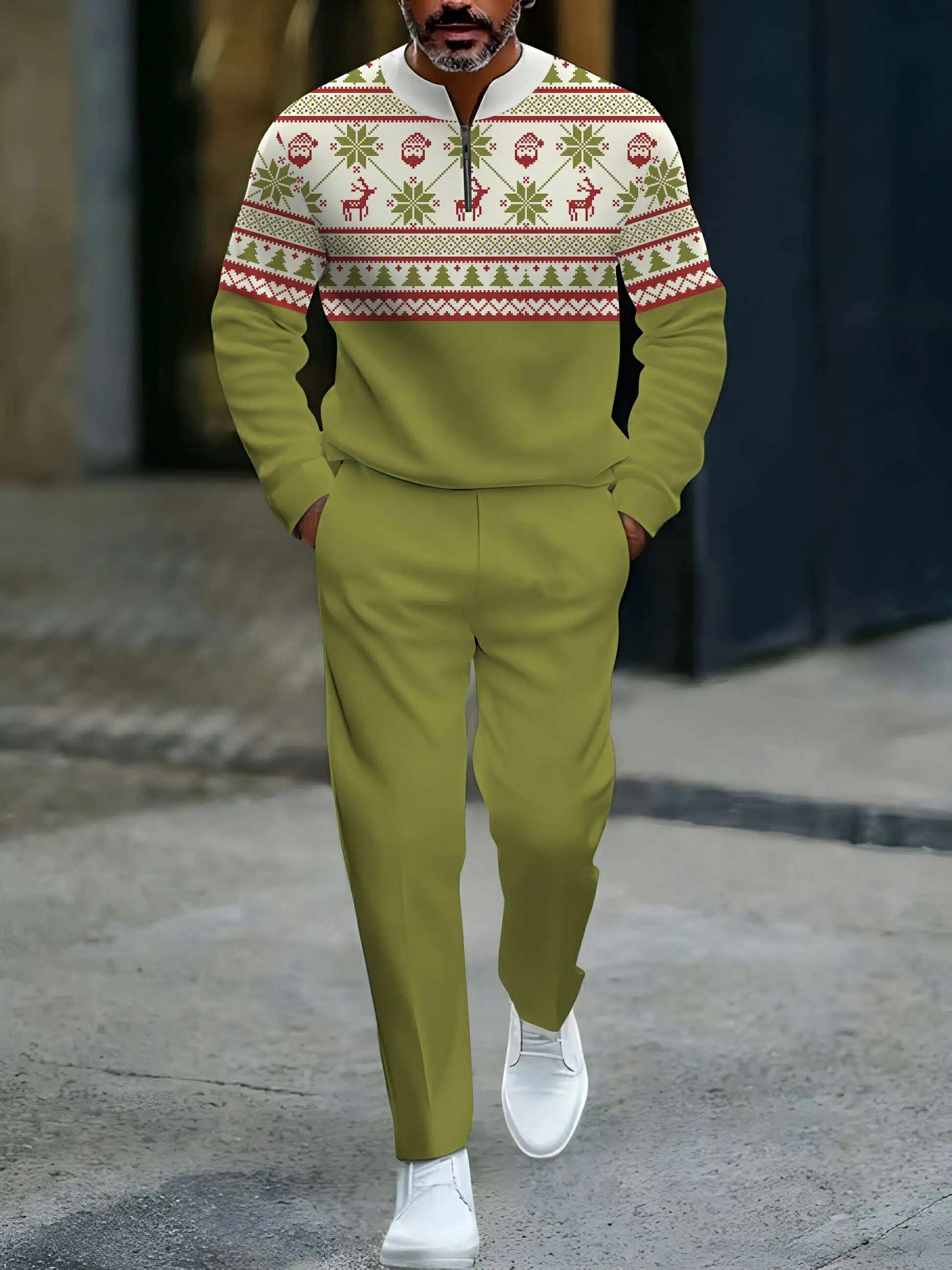 Conjunto de dos piezas casual Green & Red Color Matching Christmas estampado Round-Neck Zipper de manga larga sudadera & Trousers para hombre