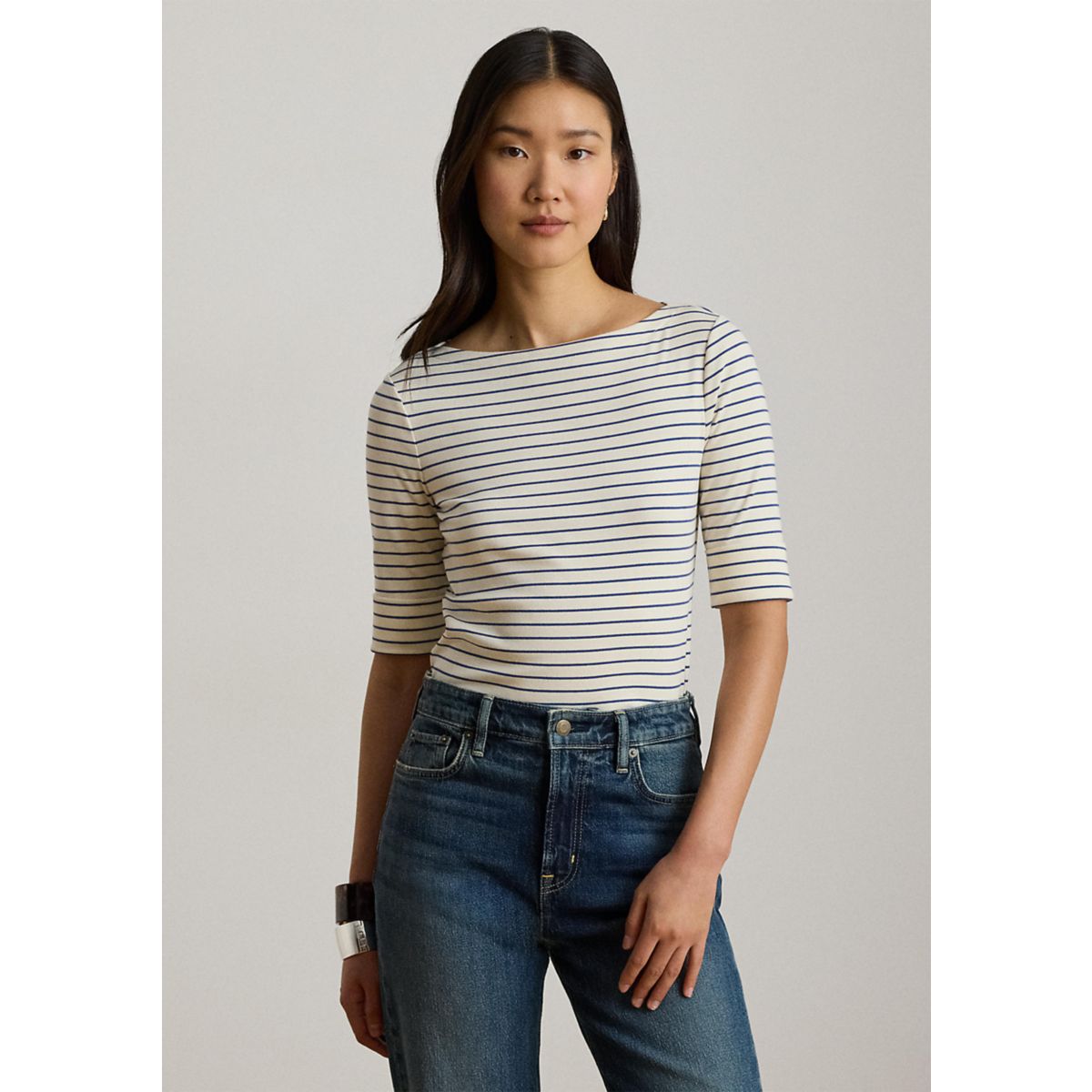 Striped Stretch Cotton Boatneck Shirt - 12