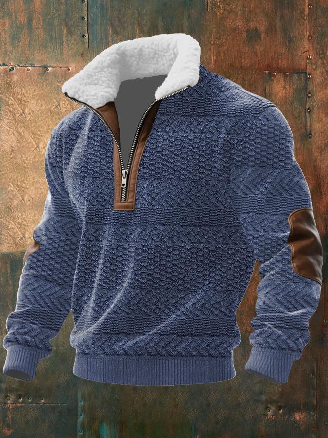 Sudadera retro Western Texture estampado tejido Fabric cierre Fur cuello de manga larga para hombre