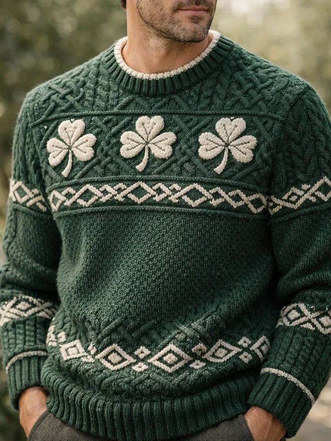 St. Patrick'S Day Shamrock Art estampado tejido Sweater para hombre