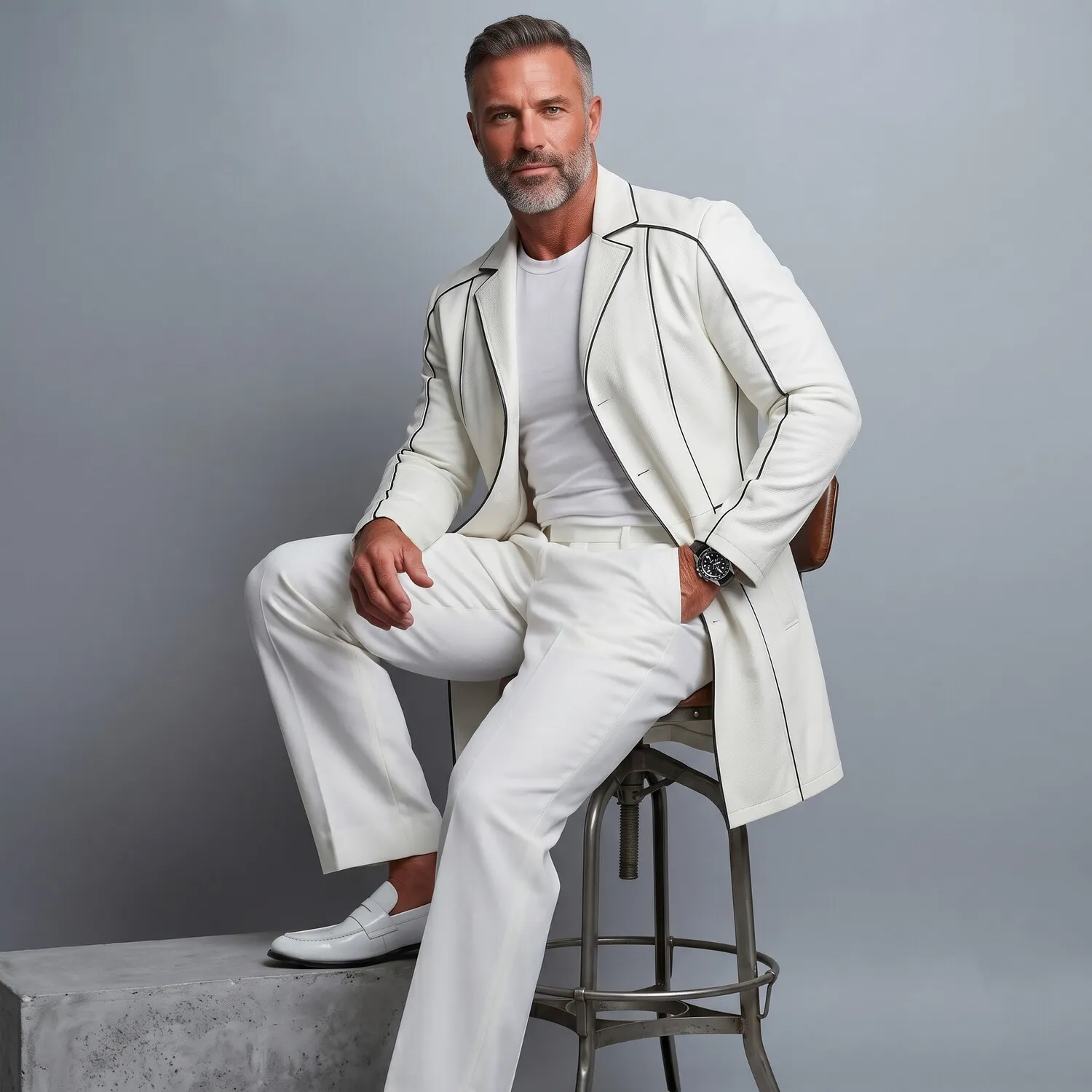 para hombre White PU Leather Notched Lapel Contrast Piping de manga larga Mid鈥怢ong Single Breasted Trench Coat