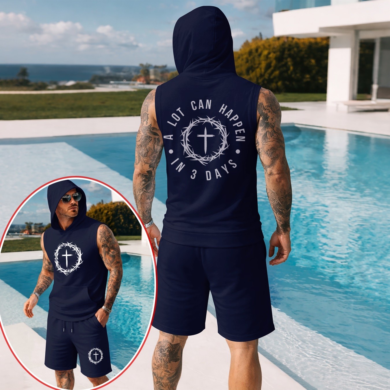 Sudadera con capucha Two-Piece Summer Set – Sleeveless & shorts with Faith Cross estampado, casual Sportwear, Athletic para exterior Outfit, Summer Street Style for Men, TikTok Hot Selling para hombre