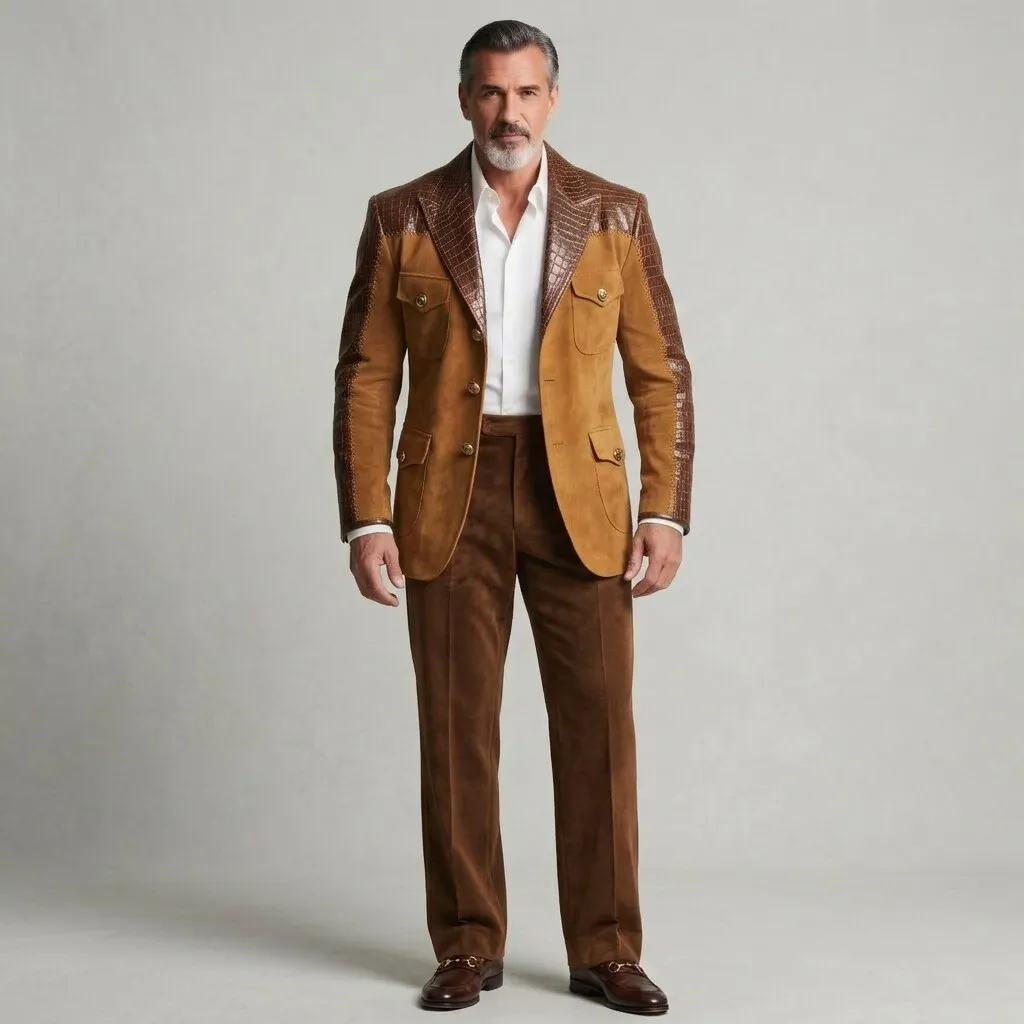 para hombre Brown Suede Patchwork PU Leather Peak Lapel Single Pockets Breasted de corte entallado saco
