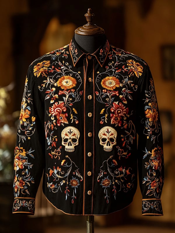 Camisa retro casual Skull estampado de manga larga para hombre