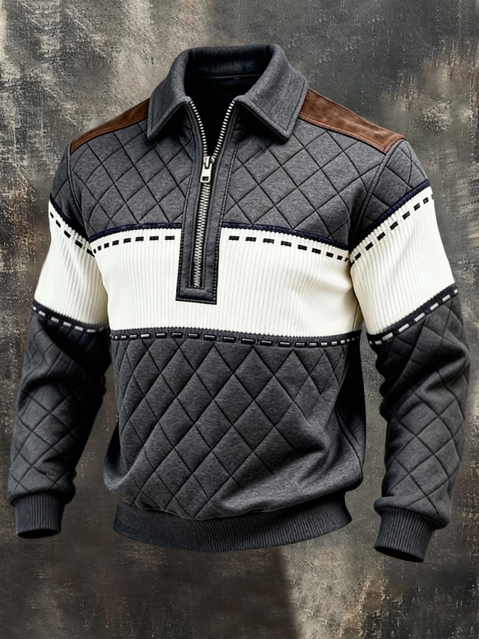 Sudadera retro en bloques de color estampado Color-Blocked con cierre para hombre