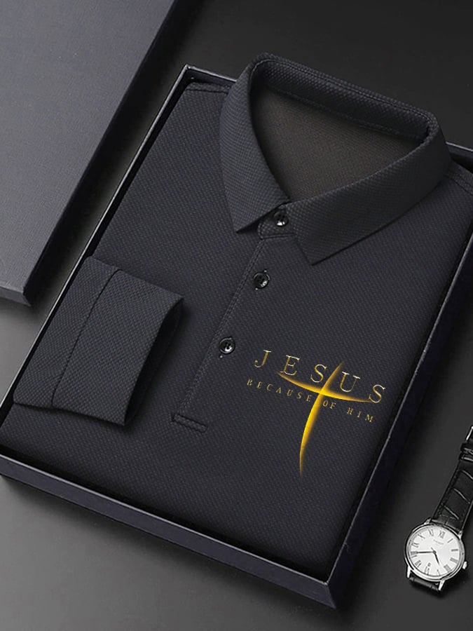 Camisa polo vintage Faith “Jesus Because Of Him” de manga largas para hombre