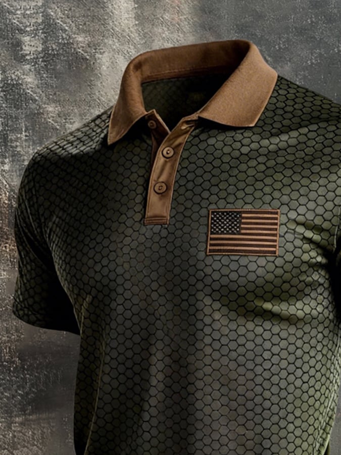 Retro Patriot en bloques de color Polo Collar de manga corta para hombre
