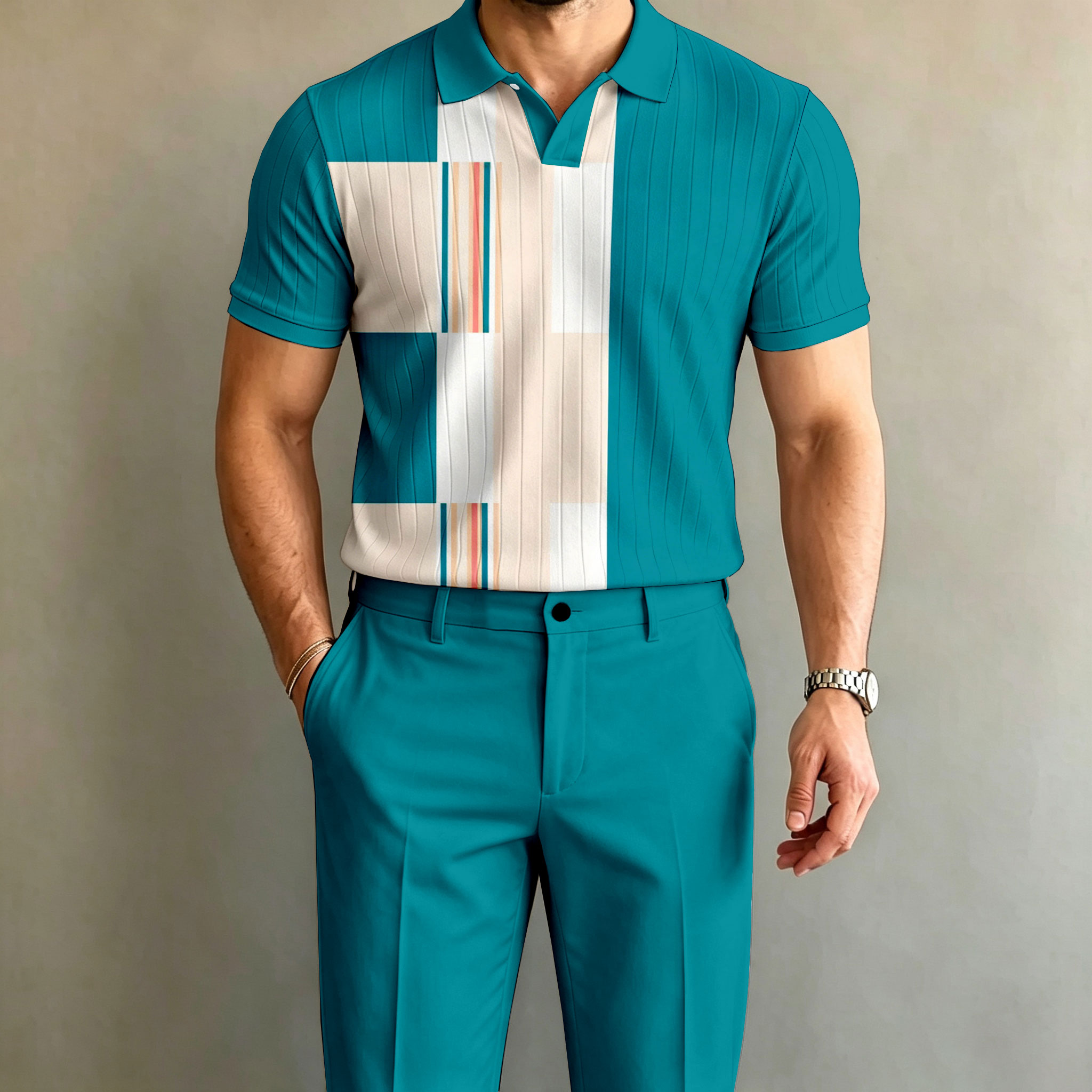 para hombre Multi-en bloques de colored de manga corta camisa polo and Long pantalón Set