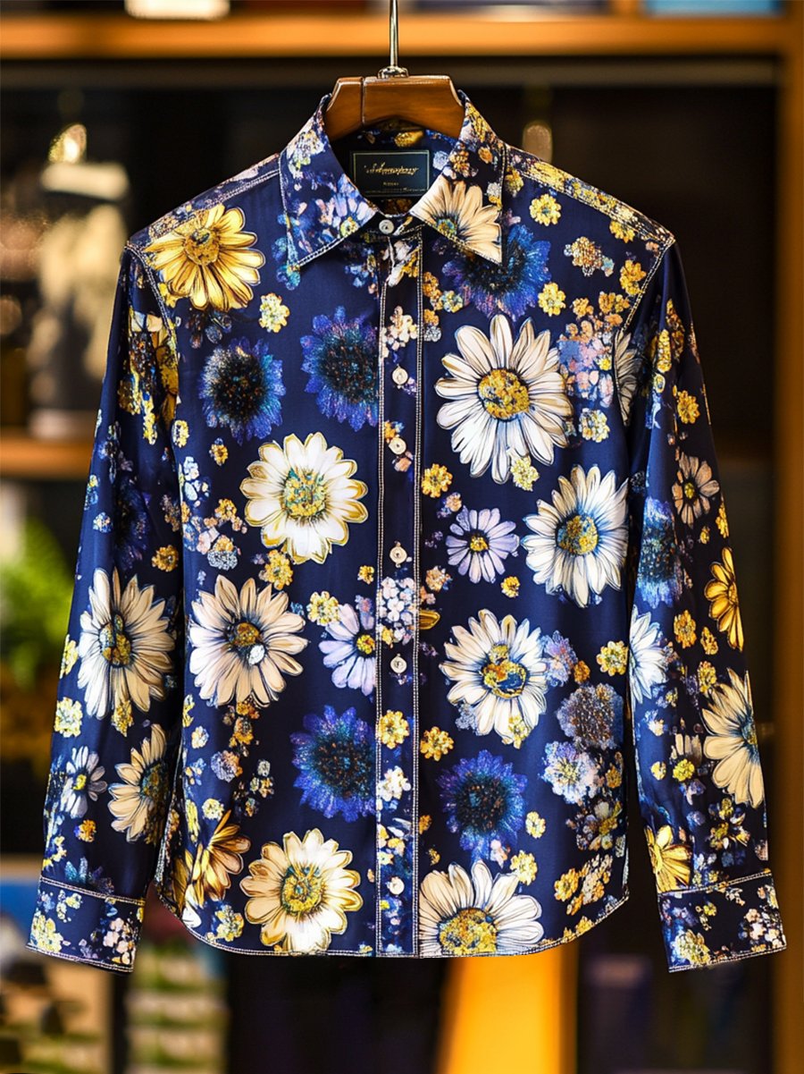 Camisa satén Luxe floral estampado de manga larga con botones para hombre