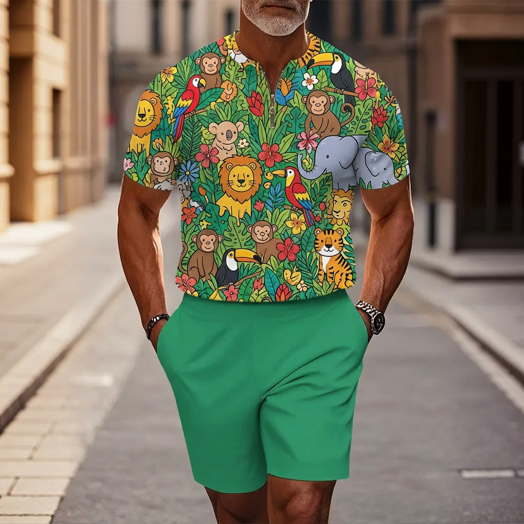 para hombre casual Green Animals estampado Half-Zip de manga corta camiseta And shorts conjunto de dos piezas