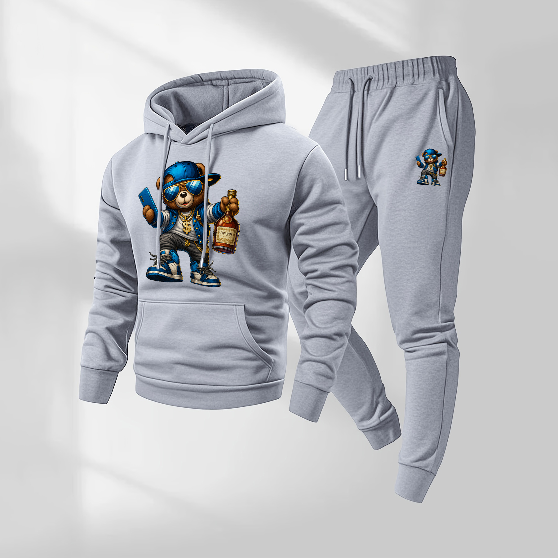 Sudadera con capucha Cartoon Bear Patterned And Drawstring Track pantalón Set, casual Athletic de manga larga Hooded chaqueta And pantalón, Suitable For Fall And Winter, Street Style sudadera con capucha Set, Everyday Wear, Indoor And para exterior Sportswear, para hombre