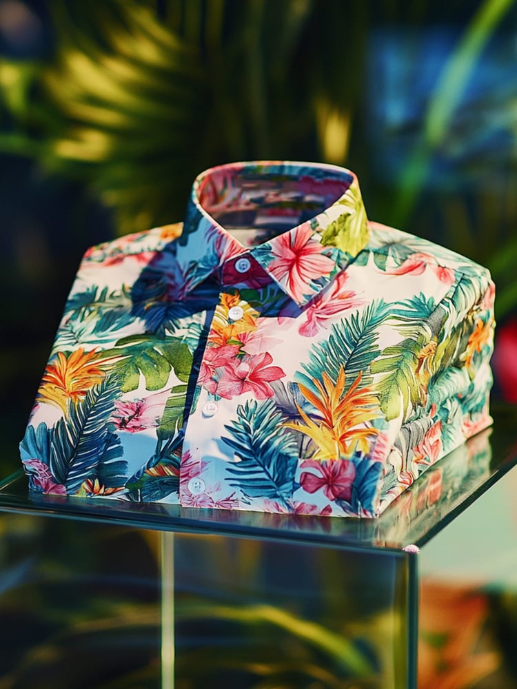 Camisa satén Luxe hawaiano Watercolor floral de manga corta Button para hombre