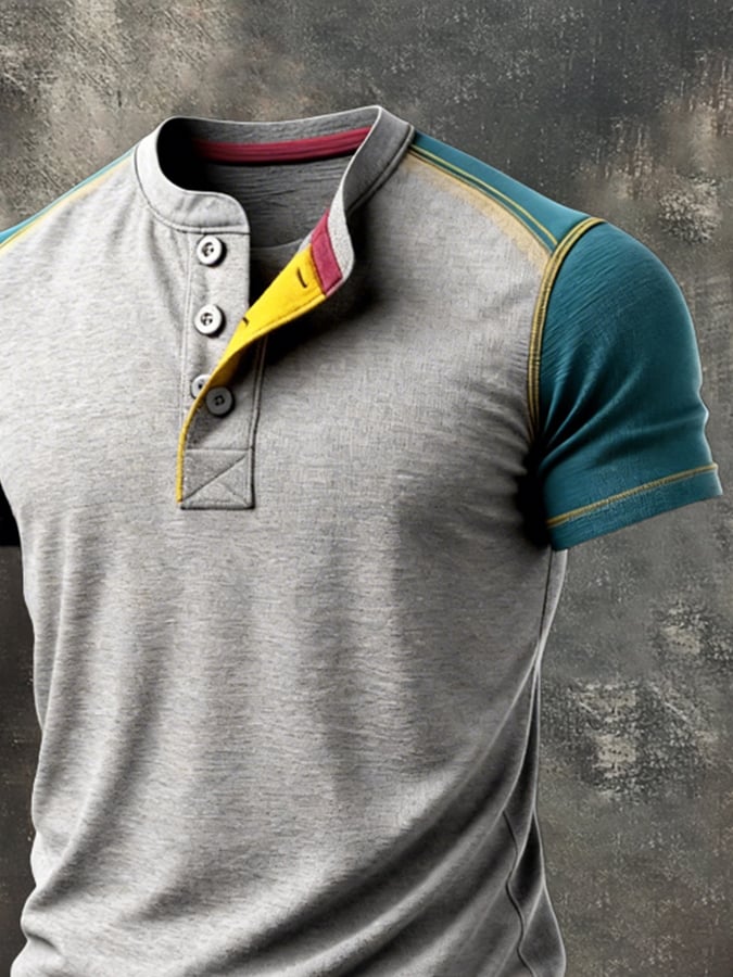 Retro Patchpara trabajo en bloques de color Henley cuello de manga corta Top para hombre