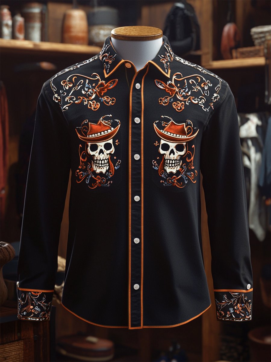 Camisa retro casual Skull estampado de manga larga para hombre