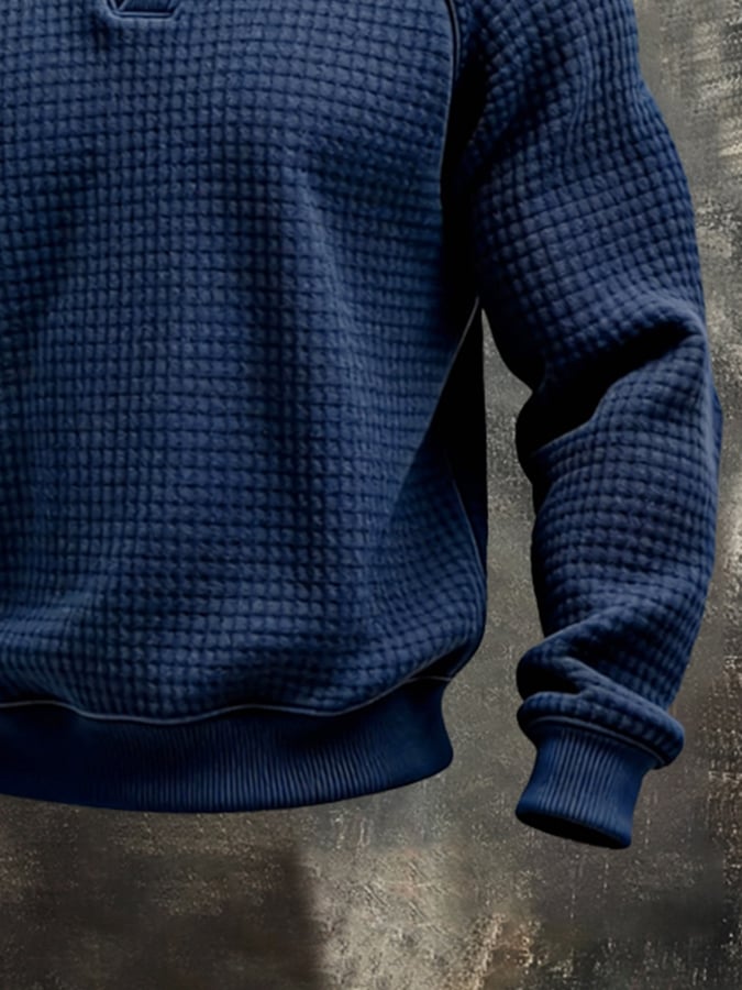 Sudadera vintage tejido tipo waffle Color-Block Faux Two-Piece de manga larga para hombre